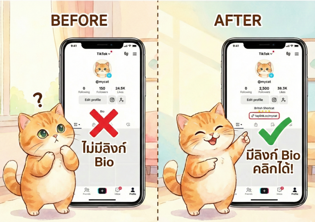 ตัวอย่างหน้าโปรไฟล์ที่ใส่ ลิงก์ Line OA หน้า TikTok ช่วยเปลี่ยนยอดวิวเป็นยอดขาย