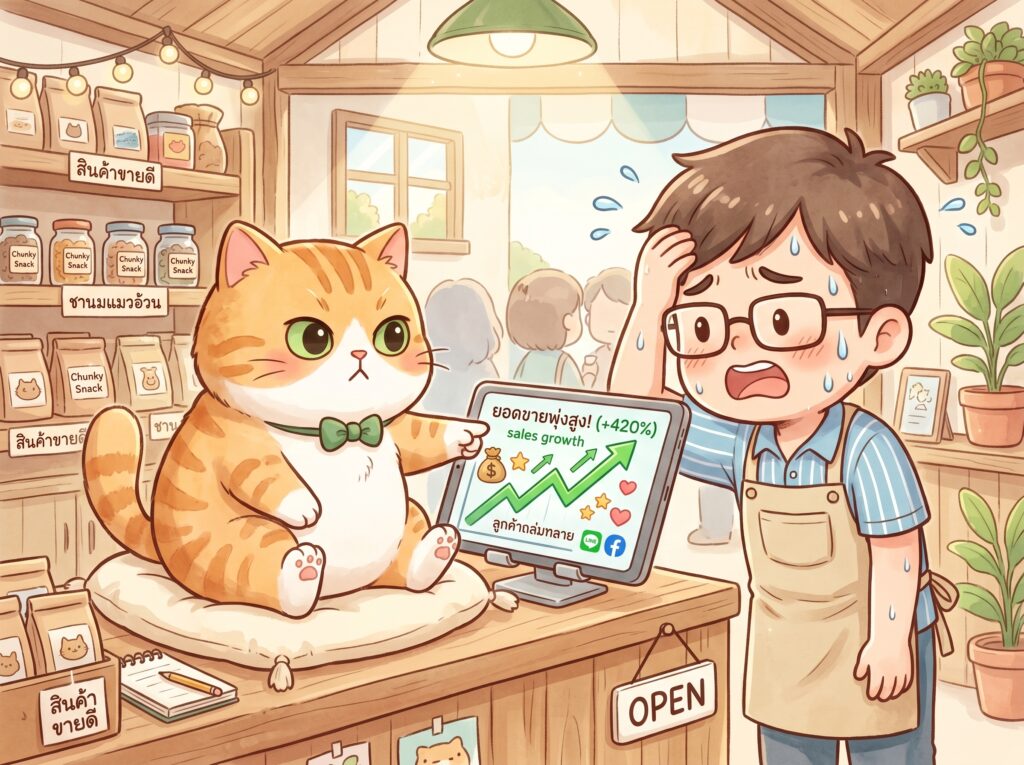 7hl1hw7hl1hw7hl แมวส้มอ้วนกลมกำลังชี้หน้าจอแท็บเล็ตสอนพ่อค้าดูยอดผู้ติดตาม Line OA ที่พุ่งสูงขึ้น
