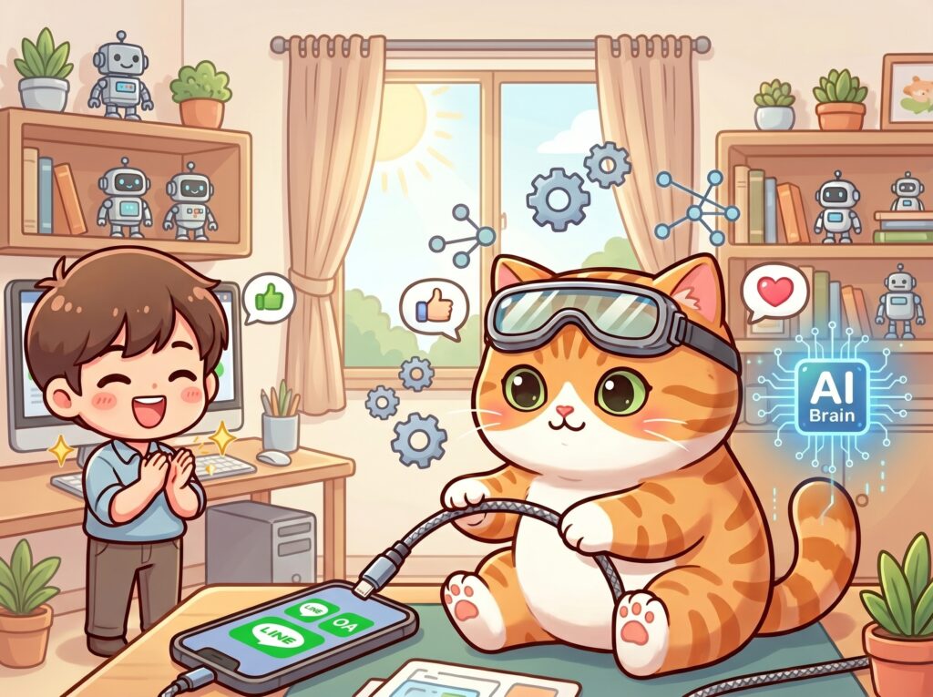 แมวส้มผู้เชี่ยวชาญกำลังเชื่อมต่อแชทบอท AI เข้ากับ Line OA