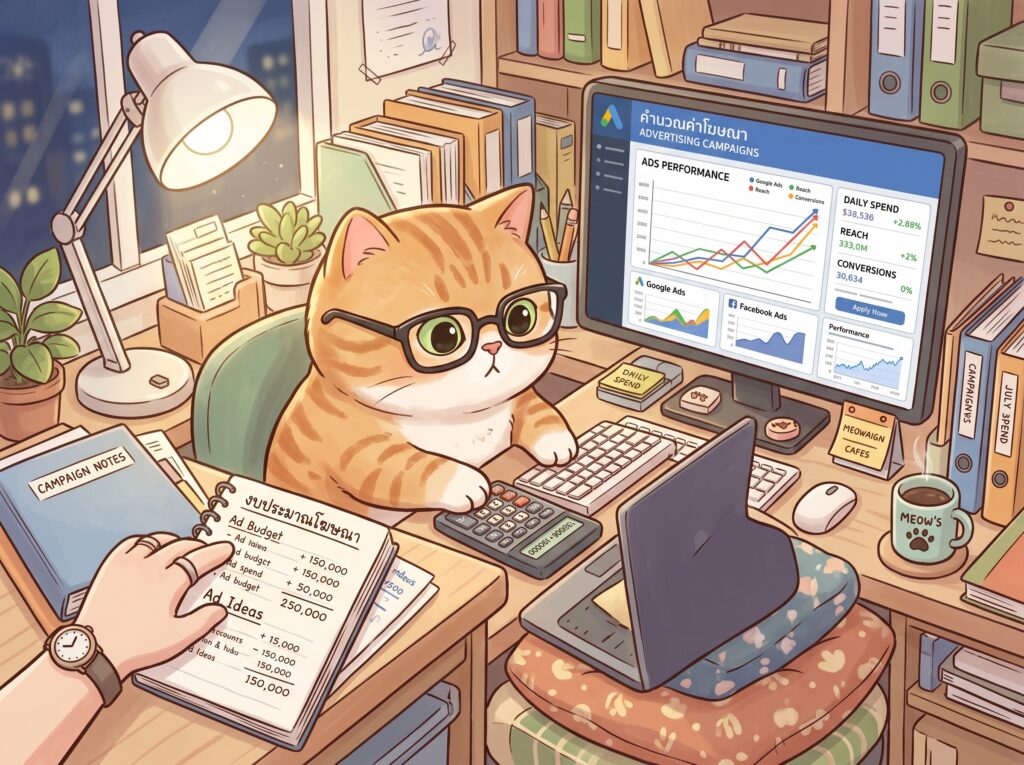 แมวส้มกำลังคำนวณต้นทุนค่าโฆษณาและงบประมาณในการยิงแอดเพิ่มเพื่อน