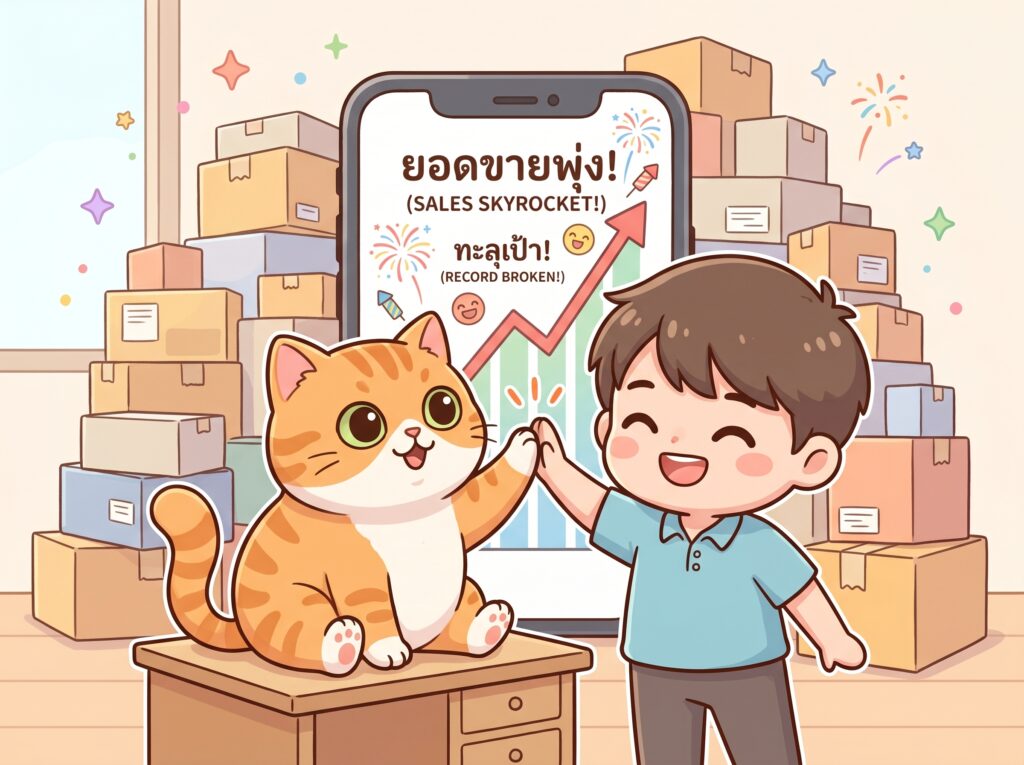 แมวส้มและมนุษย์พ่อค้าแปะมือฉลองความสำเร็จยอดขายพุ่งทะลุเป้า