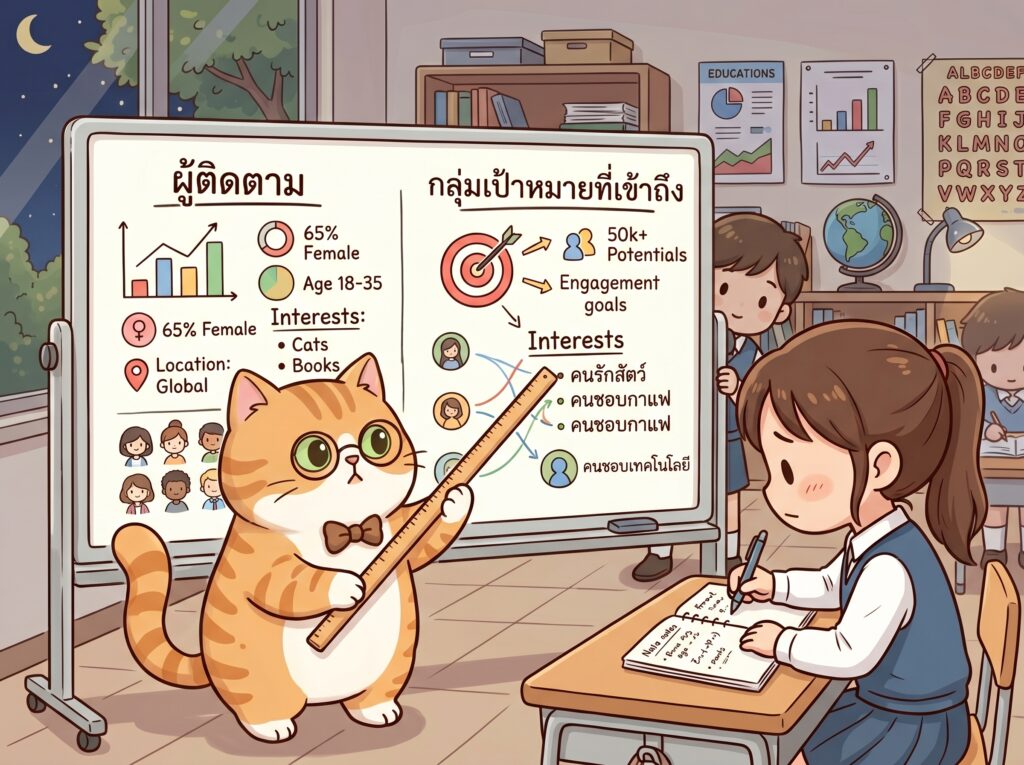 แมวส้มใส่แว่นสอนแผนผังความแตกต่างของยอดฟอลและข้อความบนกระดาน
