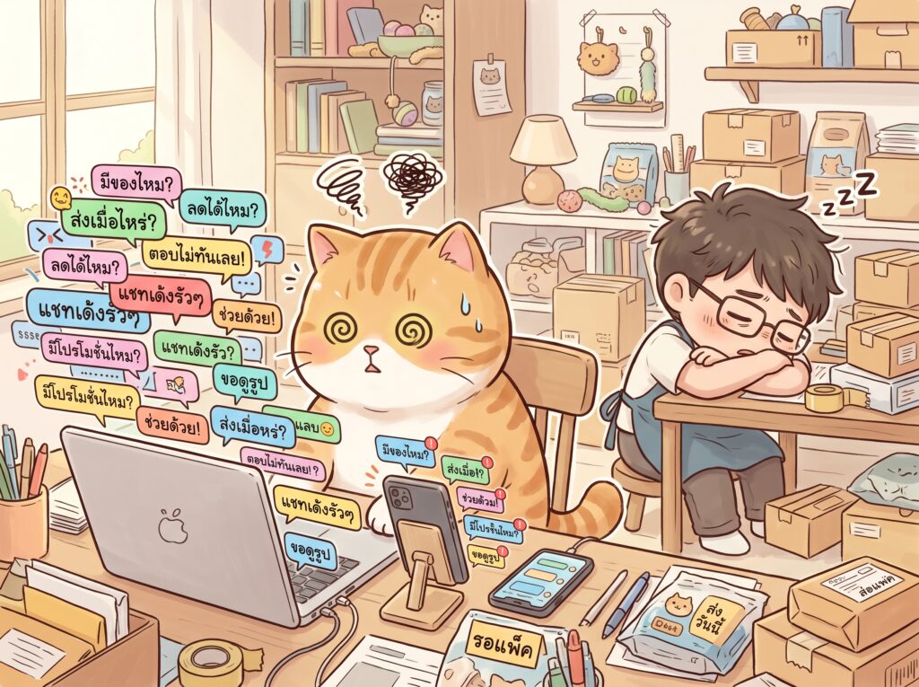 แมวส้มและมนุษย์พ่อค้าหัวหมุนกับการตอบแชทลูกค้าที่เด้งรัวๆ