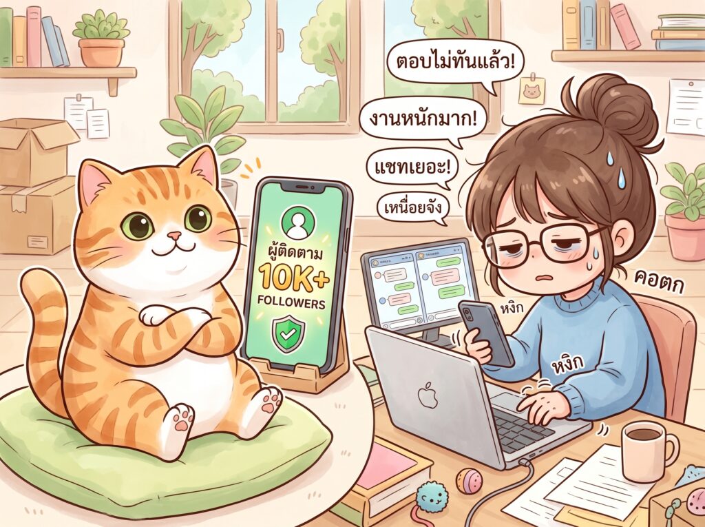 แมวส้มโชว์ยอดฟอลไลน์สุดปังเทียบกับแอดมินที่ตอบแชทเองจนเหนื่อย]