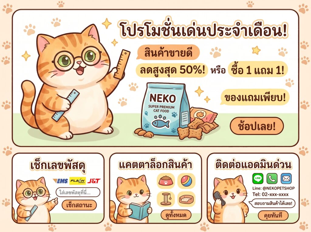 แมวส้มหน้าแบ๊วถือไม้บรรทัดช่วยแม่ค้าออนไลน์ออกแบบสัดส่วนริชเมนู Line OA
