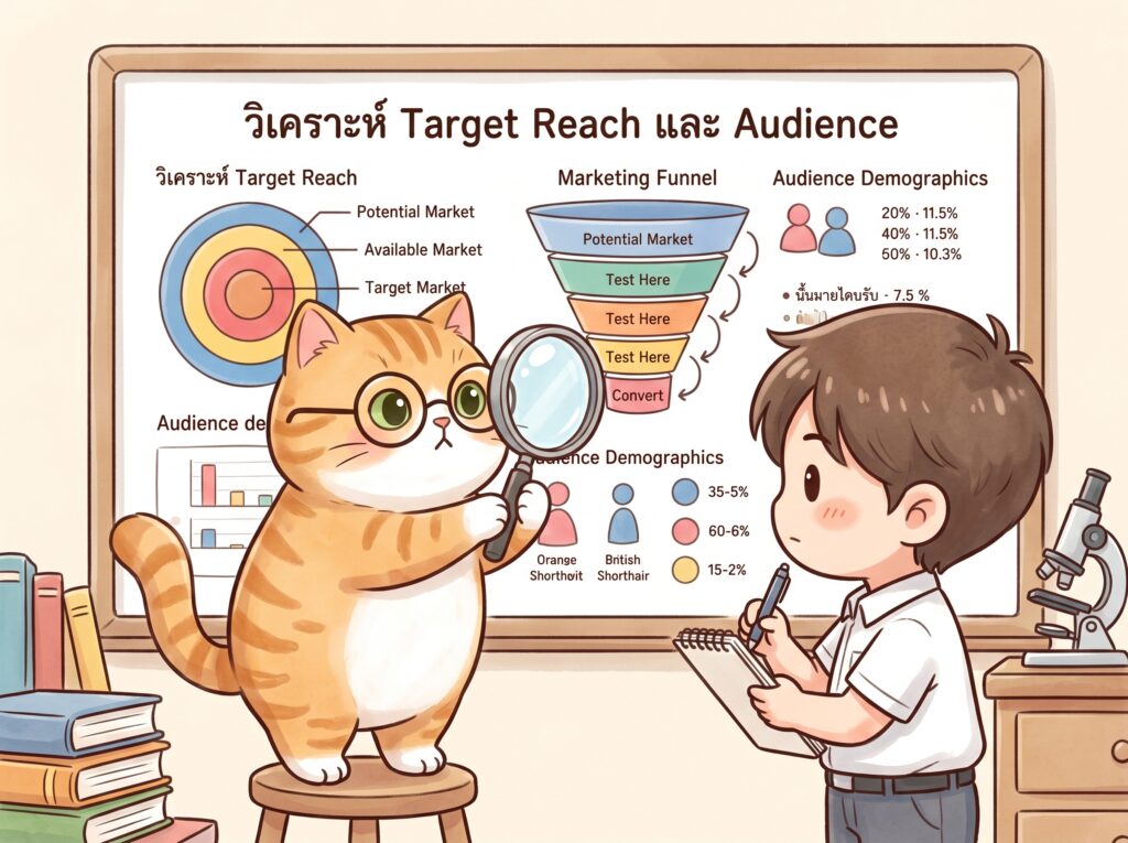 84lk3q84lk3q84lk แมวส้มใส่แว่นกำลังสอนเรื่อง Target Reach และผู้ติดตามบนกระดาน